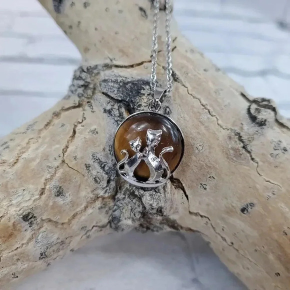 Cats Eye Mother and Baby Cat Necklace with Natural Stone Center Stainless Steel - Picture 4 of 9